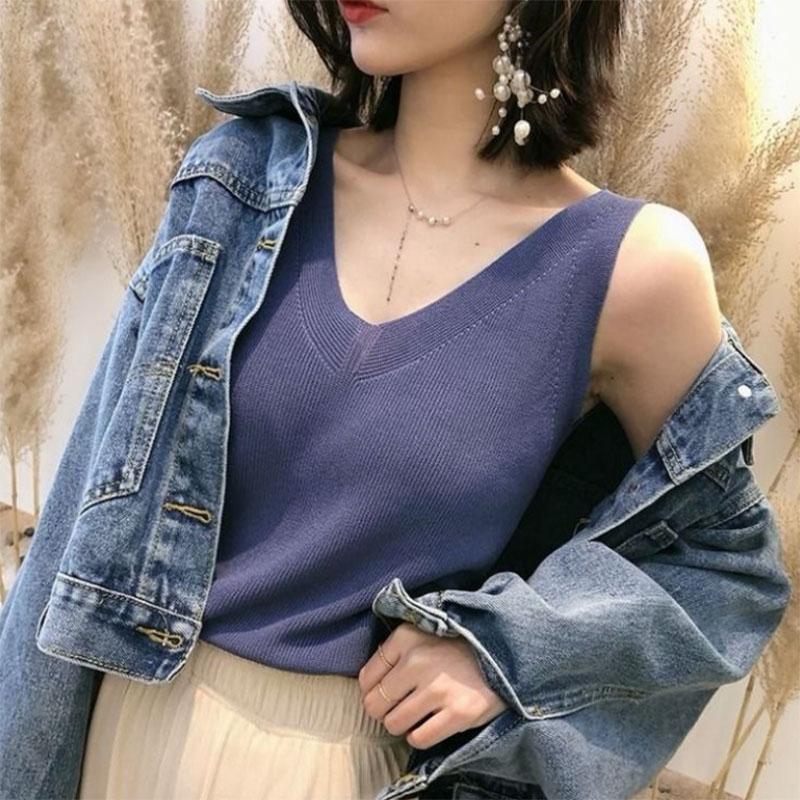 Sleeveless Knit Sweater Camisole Women's Outer Wear Loose V-Neck Short Bottoming Shirt