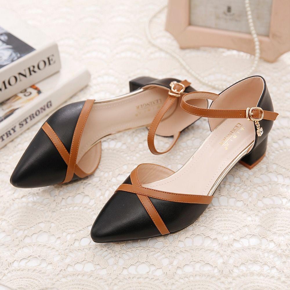 Baotou Sandals Female 2020 Spring and Summer Word Buckle Thick Heel with Wild Matching Color Matching Korean Pointed Single Shoes Women