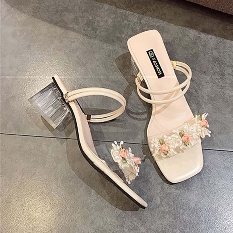 Sandals Female Spring and Summer Fairy Style Korean Fashion Flower High-heeled Two-wear Thick-heeled Slippers