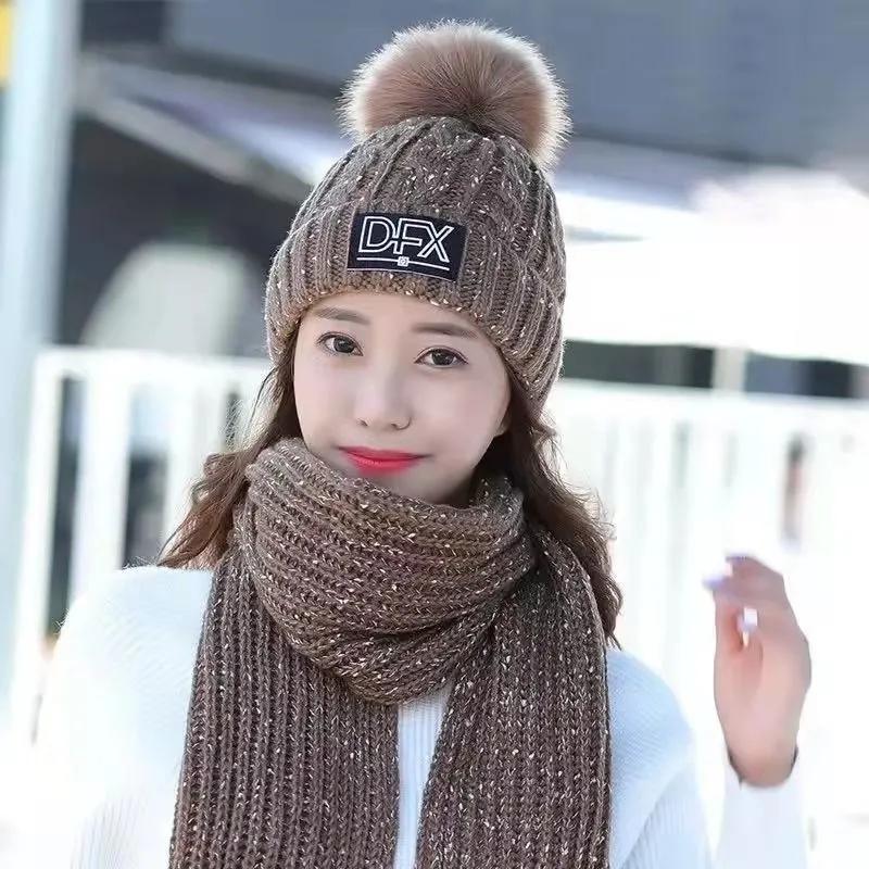 Women's Winter Hat Knitted Woolen Hat Scarf Two-piece Set Korean Version All-match Warm Velvet Fur Ball Cap Solid Soft Knitting Top Hat Scarf Warm Set