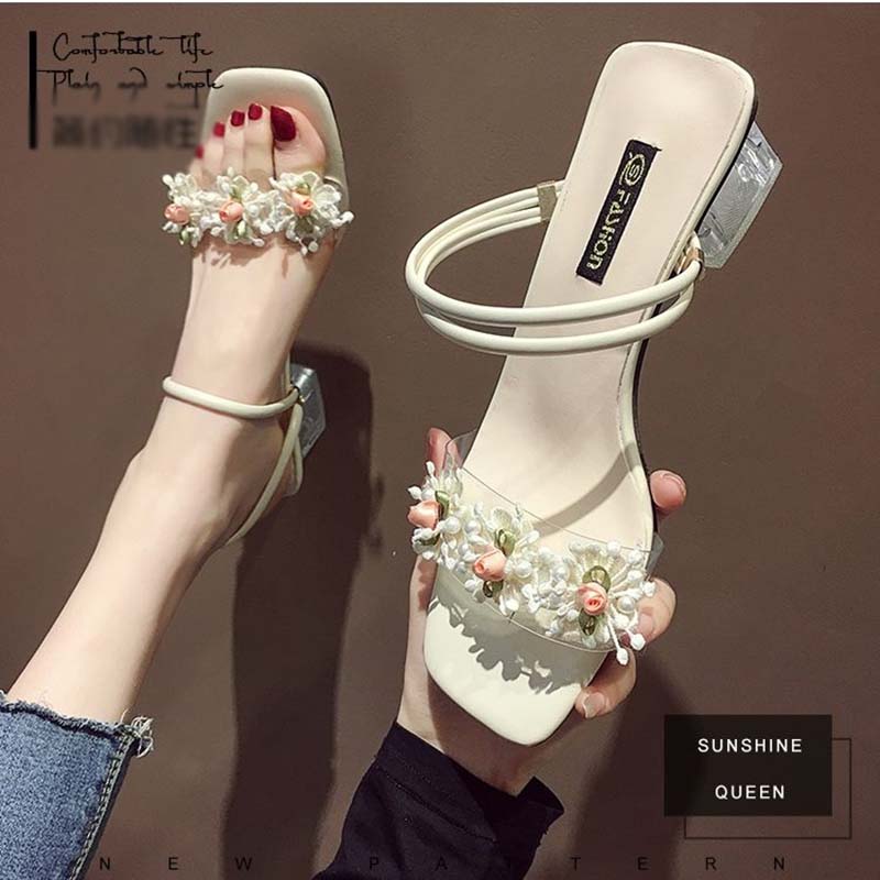 Sandals Female Spring and Summer Fairy Style Korean Fashion Flower High-heeled Two-wear Thick-heeled Slippers