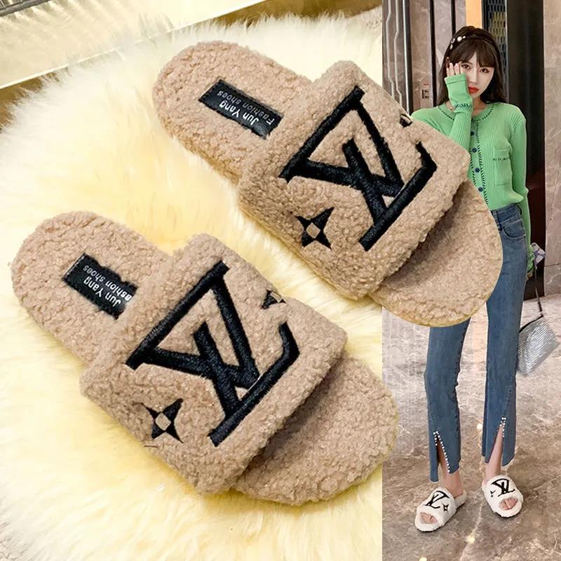 Ladies Cotton Slippers Plush Slippers Fall Winter Fashion Outer Wear All-match Flat Flat Shoes