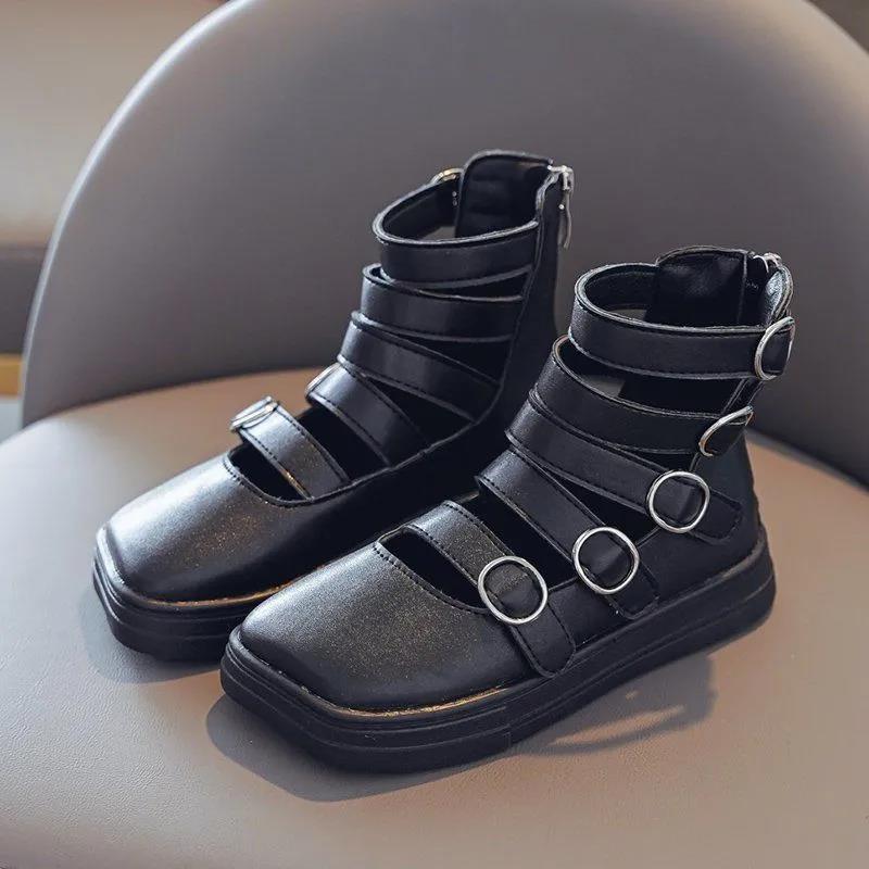 Girls' Soft Soled Shoes Solid Color Single Shoes Retro Roman Shoes Bright Leather Martin Boots Little Girl Princess Shoes