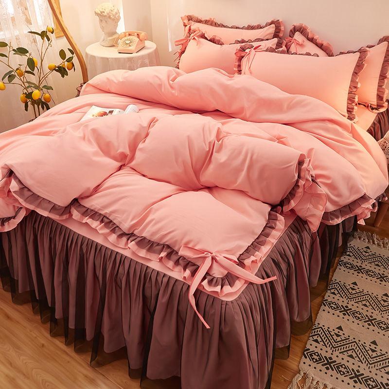 Korean Brushed Bed Skirt Bowknot Four-piece Princess Style Bed Cover Thick Non-slip Lace Bedding