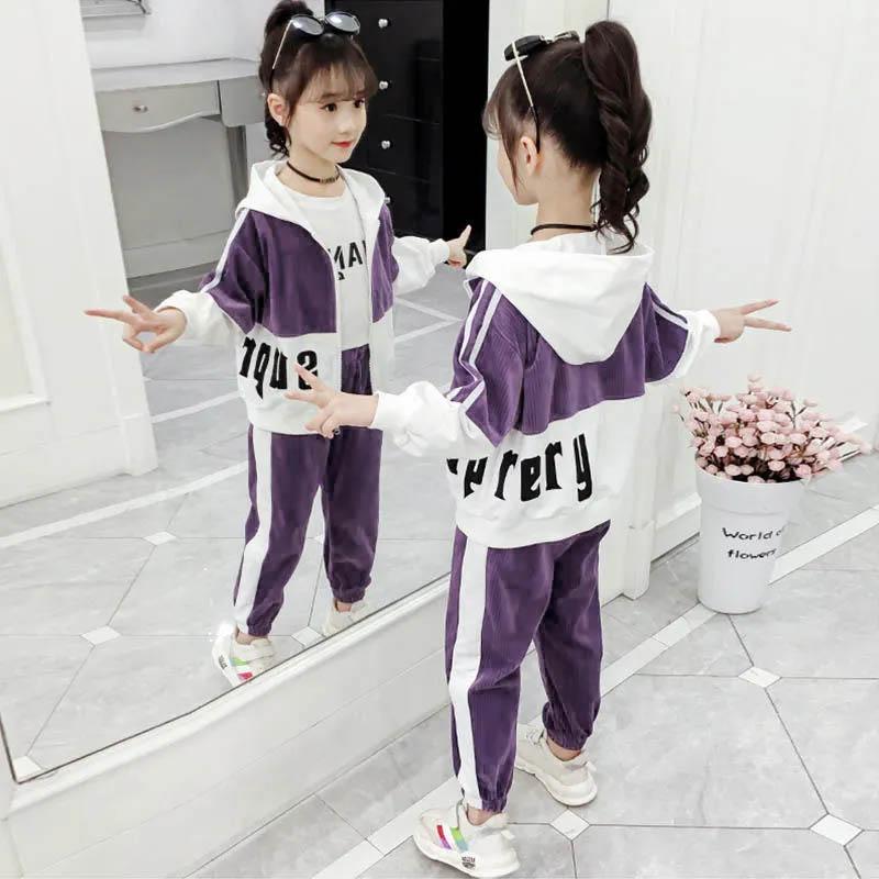 Girls Spring and Autumn Clothing Children Fashion and Comfortable Clothing Long-sleeved Hooded Zipper Jacket Warehouse Leisure Sports Two-piece