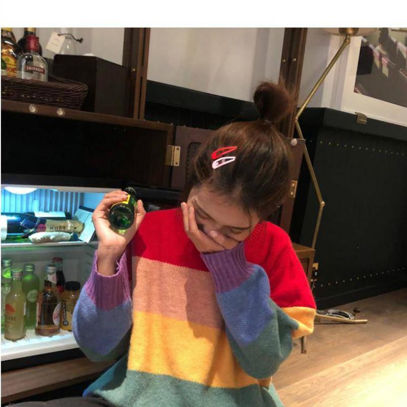 Pofulove Sweet Rainbow Striped Sweater Female Korean Lazy Loose Hit Color Pullover Sweater Coat