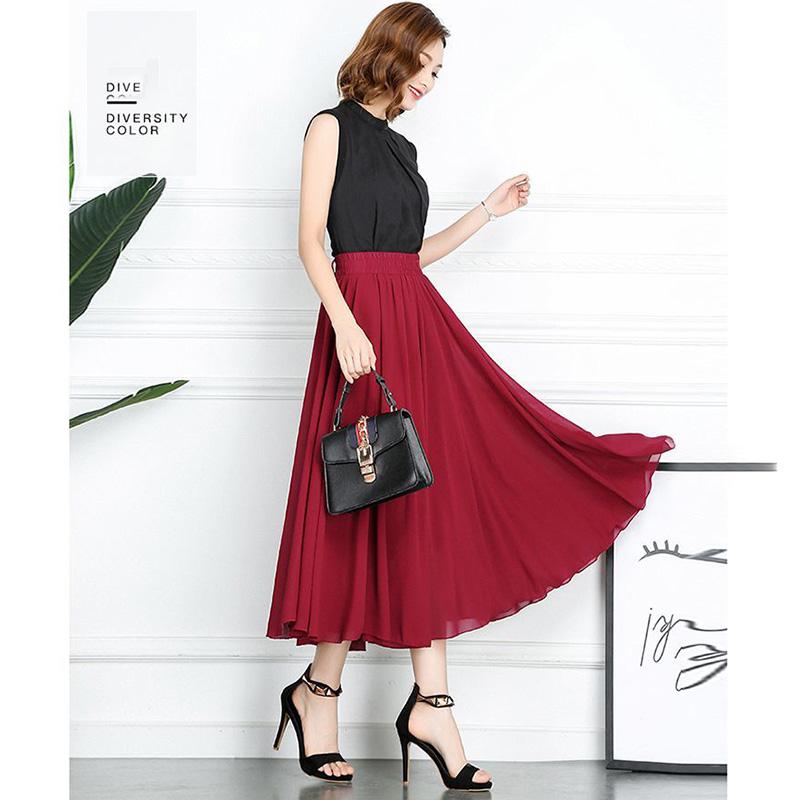 Women Vintage Elegant  High Waist A-line Chiffon Skirt Long Pleated Skirt