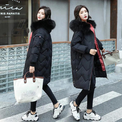 Down Jacket Winter Ladies Fashion Korean Big Fur Collar Thick Warm Hooded Mid-length Plus Size Cotton Jacket