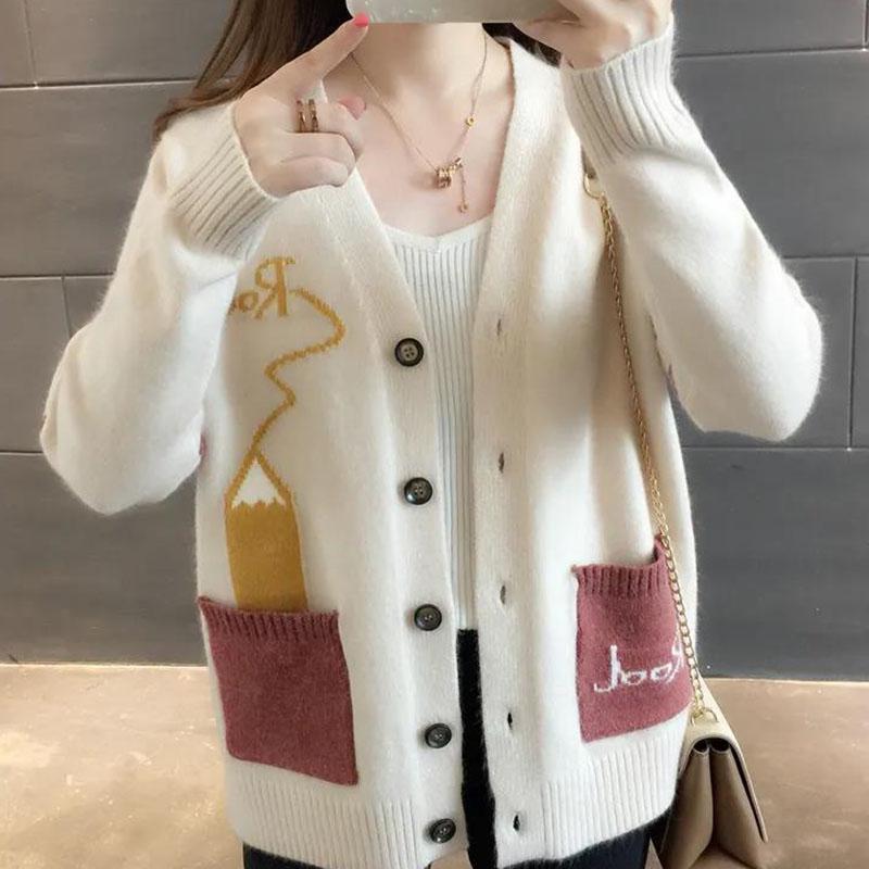 Spring and Autumn Loose Cardigan Sweater Fashion All-match Knitted Jacket Casual Jacquard Female Top