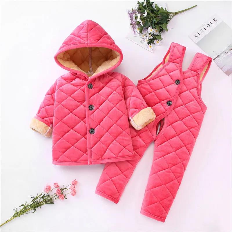 Winter Children's Pajamas Bib Set Three-layer Quilted Thickening Men's and Women's Treasure Coral Fleece Warm Home Service Cotton Suit