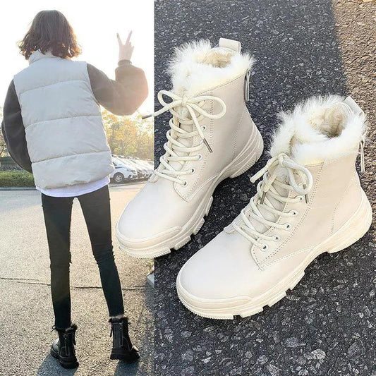 Women's Boots 2021 Autumn Winter Plus Velvet Martin Boots Mid-heel Thick Heel Lace Thick-soled British Style Short Boots White