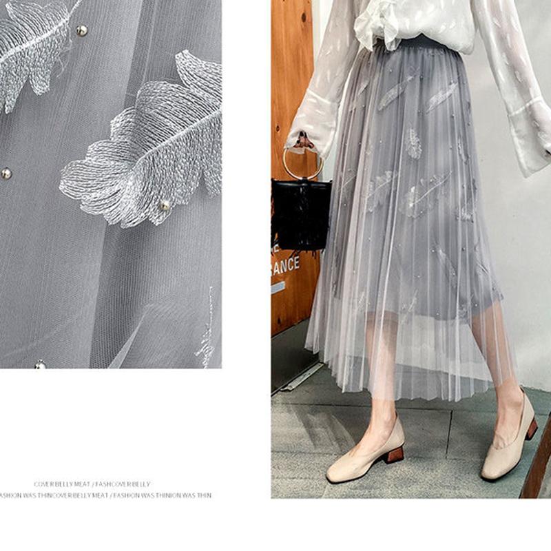 Half-length Skirt Female Four Seasons Can Wear Heavy Beaded Feather Embroidery Three-layer Fabric Mesh Sweet Pleated Fairy Long Skirt