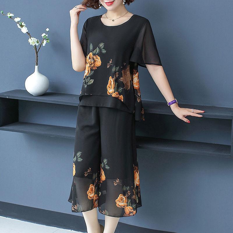 WTEMPO Middle-aged Women's Plus Size 2pcs Chiffon Shirt Pants Suit  Spring and Summer Short Sleeve Loose Casual Printing Two-piece Set