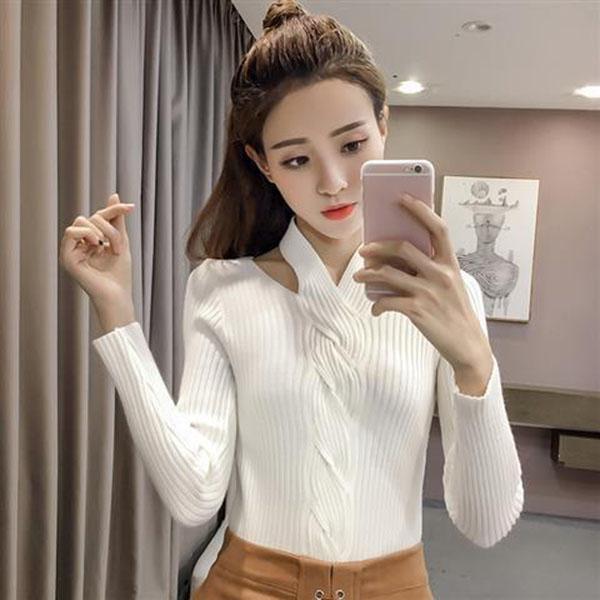 Autumn and Winter Hanging Neck Casual Sweater Retro Scottish Style Top V-neck Thin Women's Bottoming Shirt