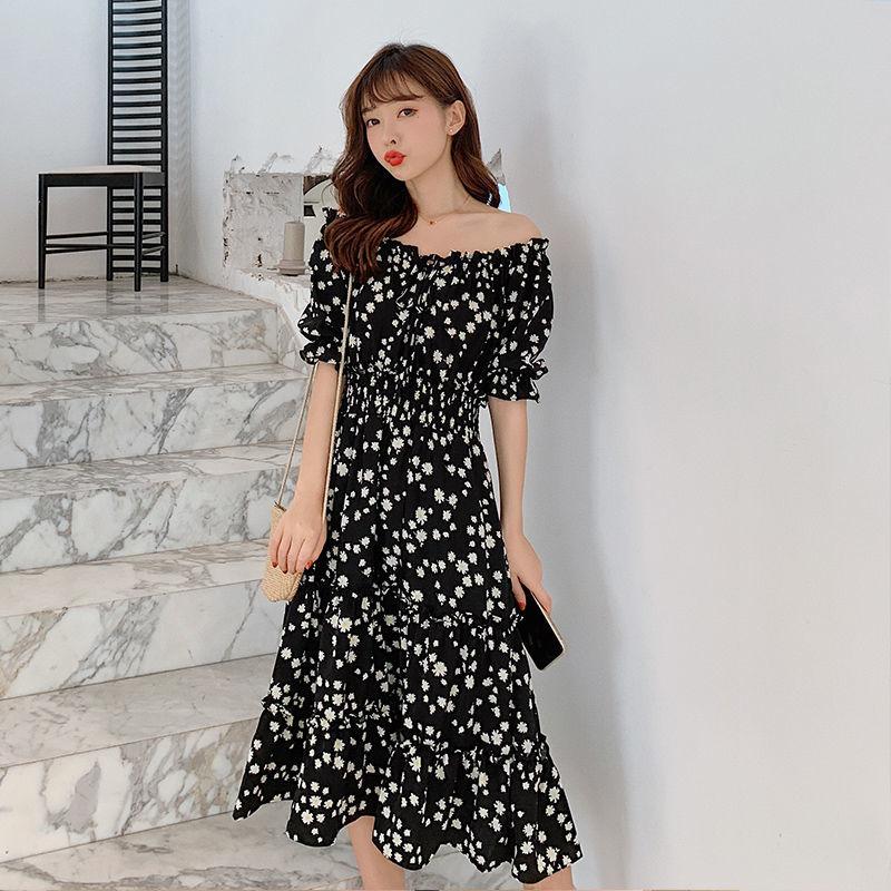 Plus Size Women's Belly Is Thinner Small Daisy Chiffon Dress Rectangular Neckline Exposed Clavicle Plus Size Women's Dress Is Thinner