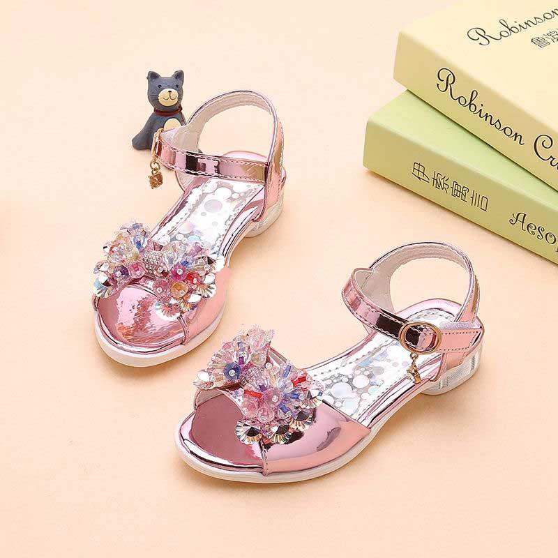 Princess Girls High Heels Flat Sandals Flash Child Girls Bow Leather Shoes Kids Dance Shoes Wear-resistant Non-slip Baby Gold Sandals Size 26-36