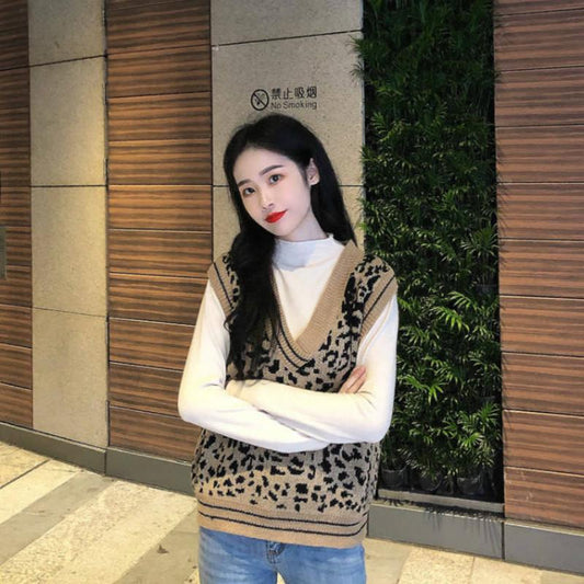 Leopard V-neck Sweater Vest Women's Loose Wild Pullover Knitted Sleeveless Sweater