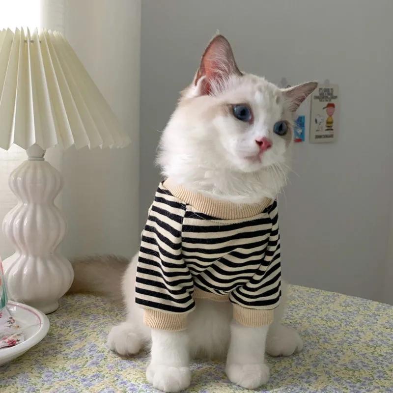 Pet Cat Autumn Clothes Striped Two-legged Sweater British Short Puppet Cat Two-legged Sweater Classic Comfortable Knitwear Cat's Outerwear