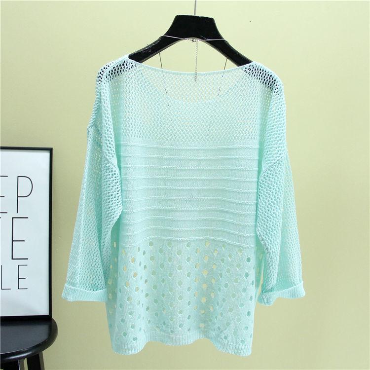 Summer Thin Bottoming Blouse Hollow Top Loose Pullover Knitted Sweater Women's Sunscreen Solid Color Breathable T-shirt