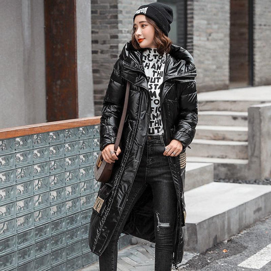 Women's Down Padded Jacket Mid-length Winter Korean Loose Hooded Shiny Fashion Thickening Warm Over-the-knee Jacket