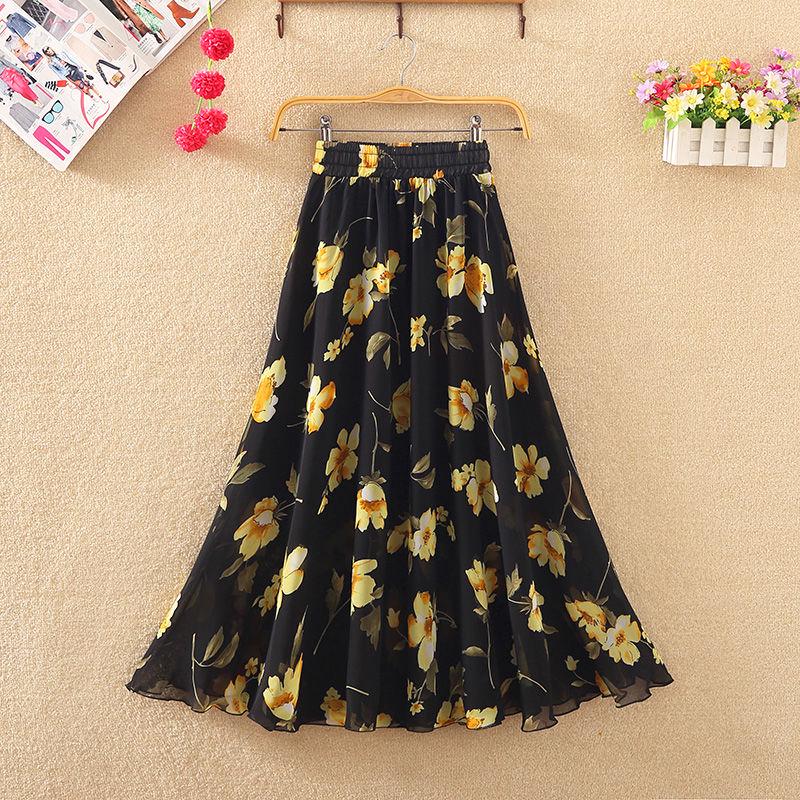 Women's High Waist Mid-length A-line Draping Ruffled Skirt Chiffon Fairy Dress Pleated Floral Skirt Summer