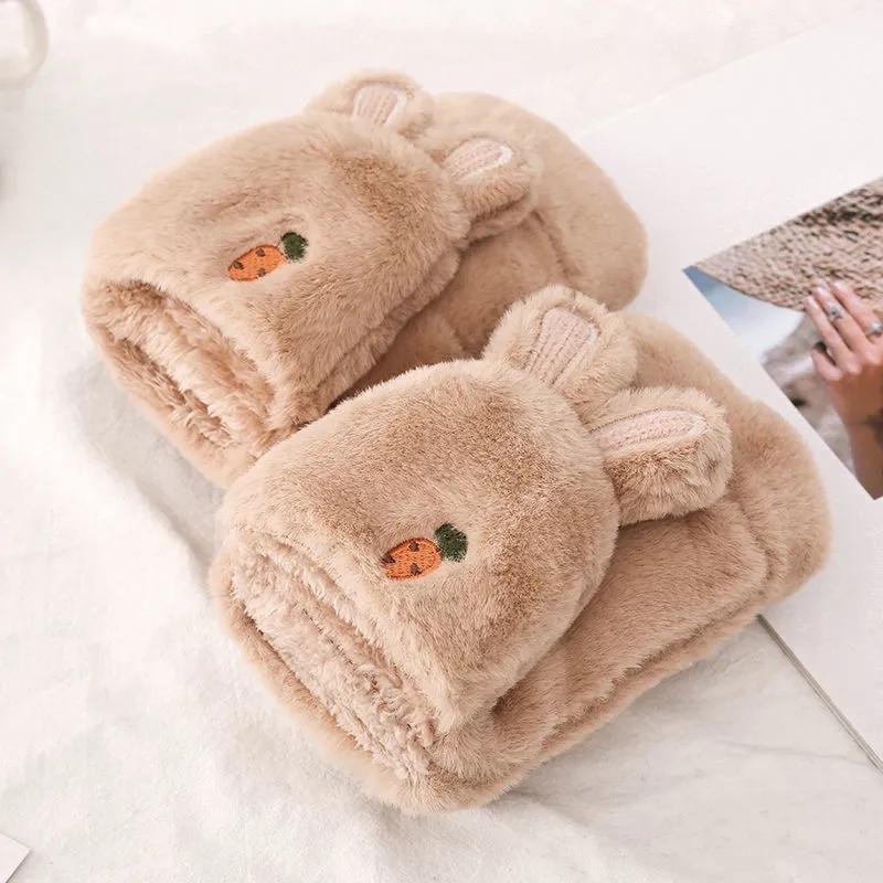 Cute Girl Winter Gloves Korean Student Warm Cute Rabbit Flip Open Finger Plush Plus Velvet Gloves