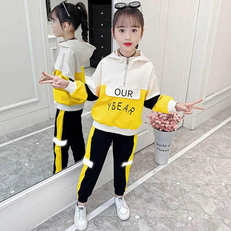 Comfortable Skin-friendly Girls' Spring and Autumn Suits Loose Long-sleeved Color-block Print Pullover Sweater Casual Trousers Children Two-piece Set