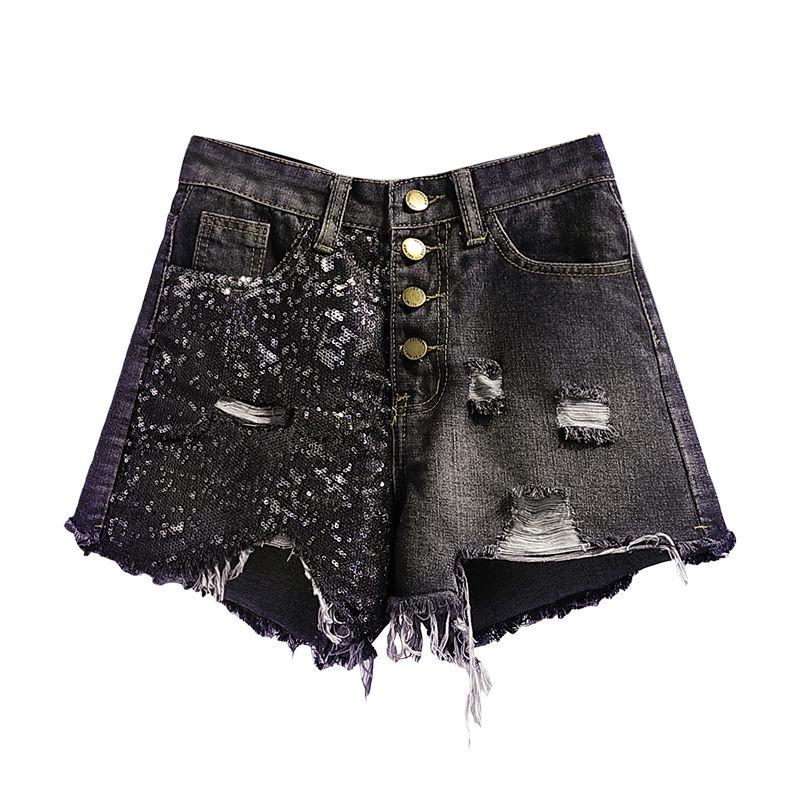 WTEMPO Summer Large Size Denim Shorts Female Sequins Were Thin High Waist Raw Edge A Word Wide Leg Pants