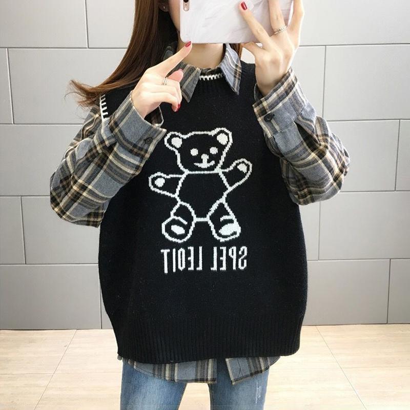 Bear Knitted Vest Jacket Women Autumn and Winter Loose Sweater Vest Shirt Suit Long-sleeved POLO Collar To Keep Warm and Comfortable