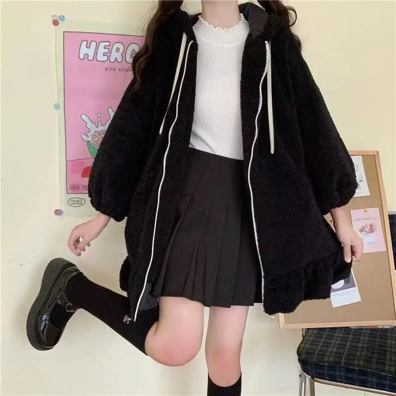 Rabbit Ears Hoodies Women Zip-up Sweatshirts Coat Long Lantern Sleeve Hooded Lolita Cute Sweet Girls Harajuku Warm Baggy for Her