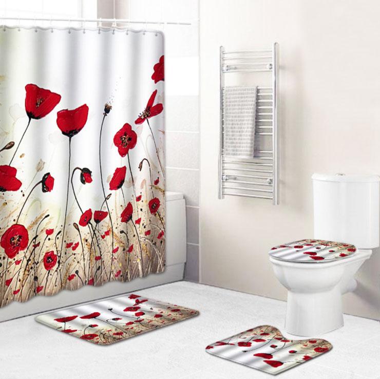 Art Printed Waterproof Shower Curtain 4 Piece Set Toilet Seat Mat Floor Mat Door Mat Home Bathroom Decoration