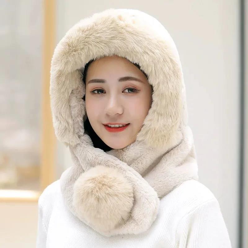 Hat Scarf One Plush Hat Winter Ladies Korean Version of Rex Rabbit Fur Outdoor Thickening Warm and Cold Knitted Hat