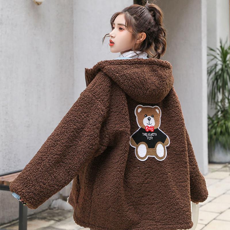 Double-sided Printed Women's Cotton-padded Jacket Spring Autumn Student Jacket Korean Hooded Bear Lamb Wool Cotton Jacket