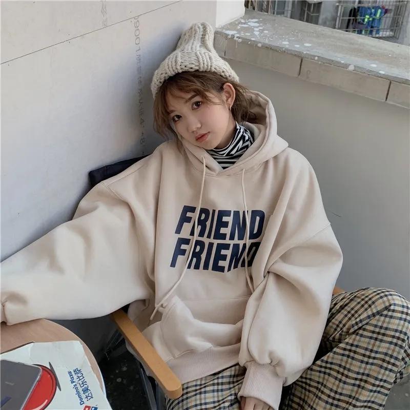 Autumn and Winter Hooded Pullover Sweater Korean Hip Hop Plus Velvet Thickening Harajuku Lazy Wind Sweater Female Student Loose All-match Top Coat