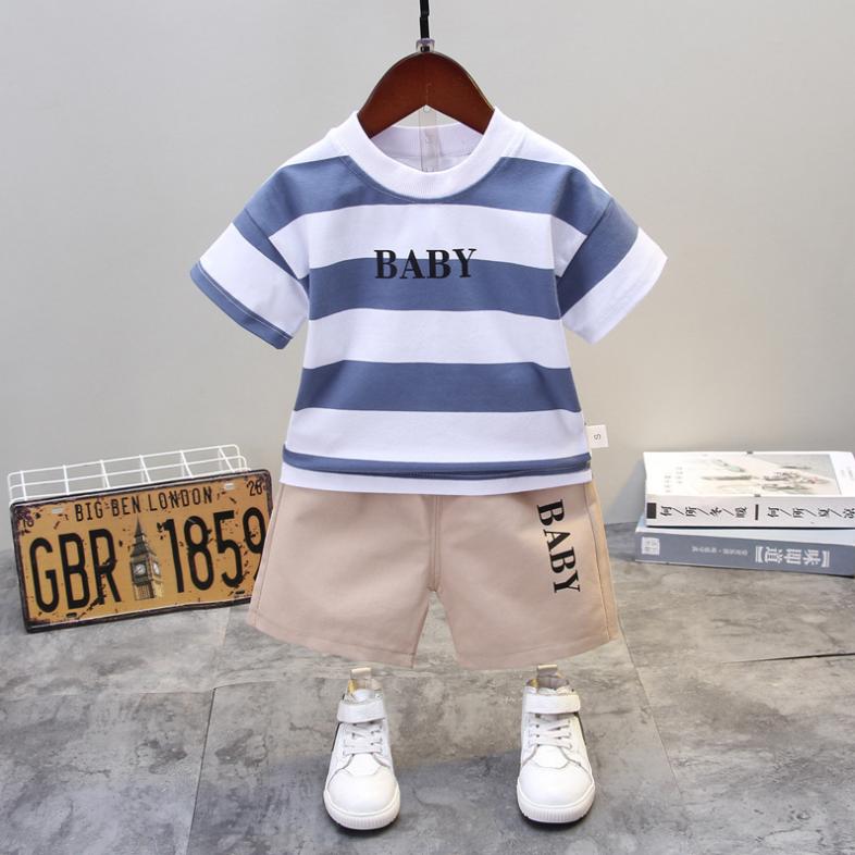 Summer Korean Short Sleeve Children's Suit Boys' and Girls' 0-4-year-old Round Neck Striped T-shirt Shorts Two-piece Children's Suit