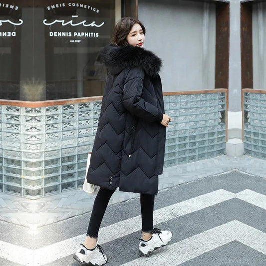 Down Jacket Winter Ladies Fashion Korean Big Fur Collar Thick Warm Hooded Mid-length Plus Size Cotton Jacket