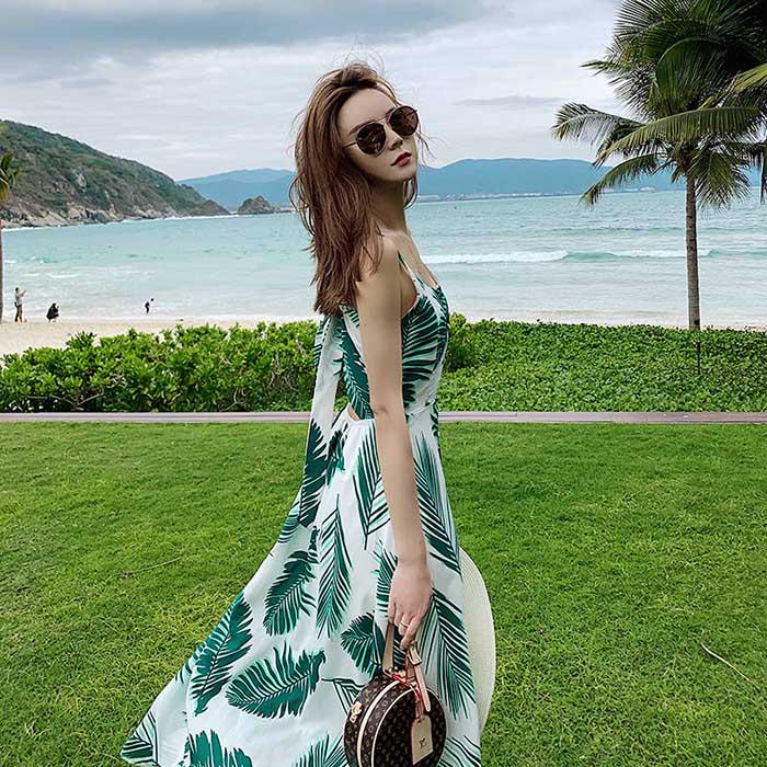 Pofulove Summer Women Green Leaf Sexy Dress Bohemia Sun-dresses Sleeveless Below Knee Beach Dresses