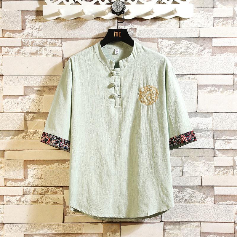 Chinese Style Linen Embroidery Men's T-shirt Summer Loose Short-sleeved Cotton and Linen Clothes