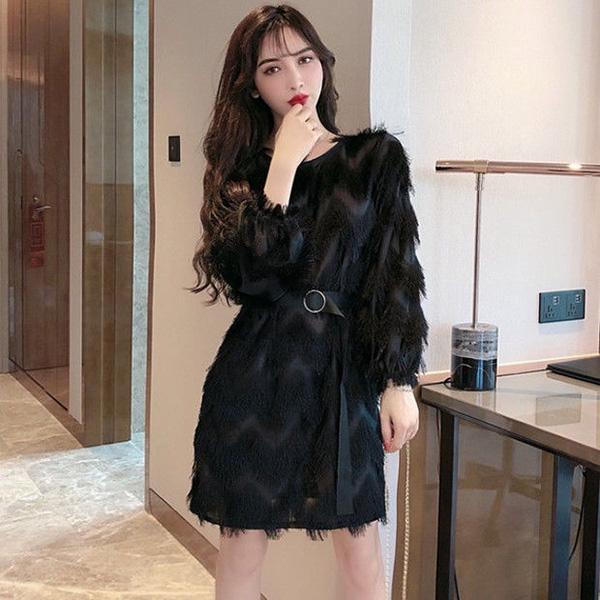 Spring and Autumn Sweet Round Neck Belt A-line Skirt Wavy Hairy Fringed Sweater Skirt Women