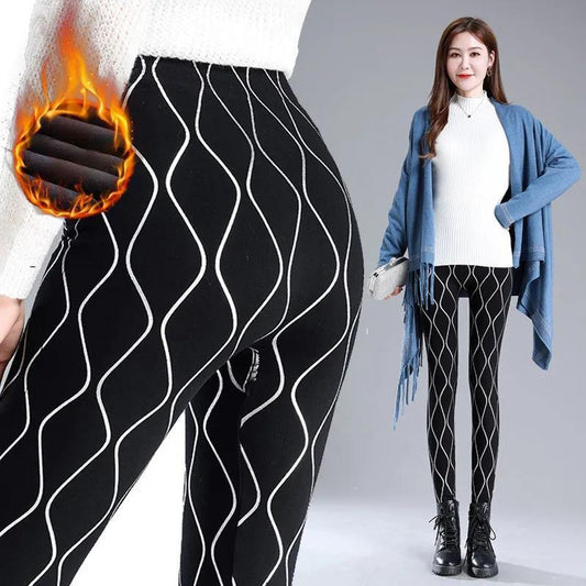 Women's Wavy Stripes  Large Size Elastic Waist  Small Feet Trousers  Black  Thin  White Trousers  High Waist Leggings