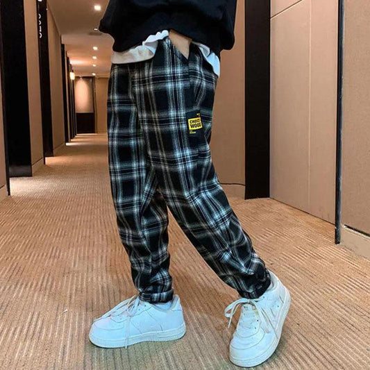 Boys Plaid Pants Spring Autumn  Plus Velvet Middle-aged Children's Loose Casual Pants Warm and Handsome Trousers