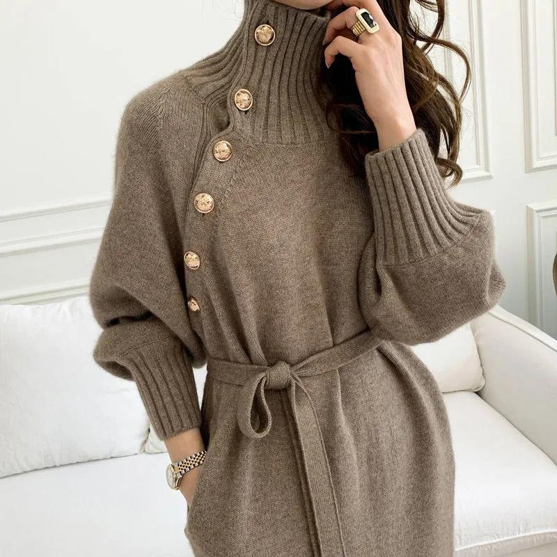 Women Autumn and Winter French Warm  Elegant Long-sleeved Lace-up Sweater Base Dress