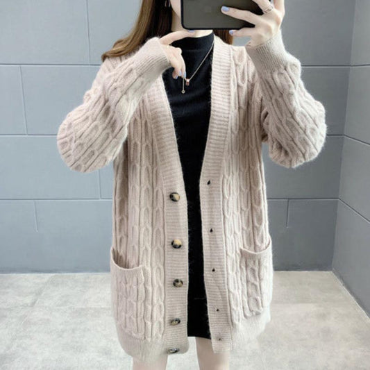 Women's Loose All-match Mid-length Knitted Sweater Cardigan Sweater Coat In Spring and Autumn