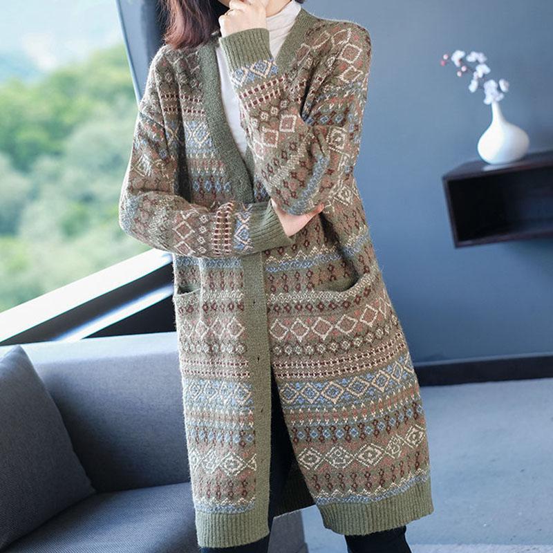 Autumn and Winter Mid-length Wool Top Loose Mid-length Thick Sweater Retro Jacquard Middle-aged Ladies Coat