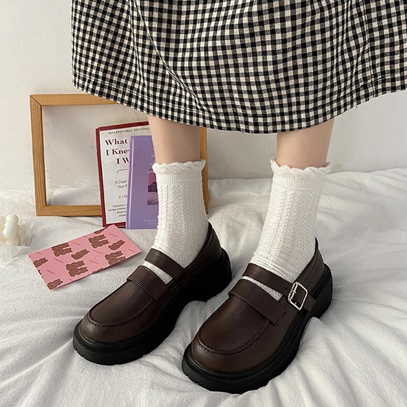 British Style Small Leather Shoes Spring Korean Version of Thick Heel Belt Buckle Single Shoes Retro Loafers Women