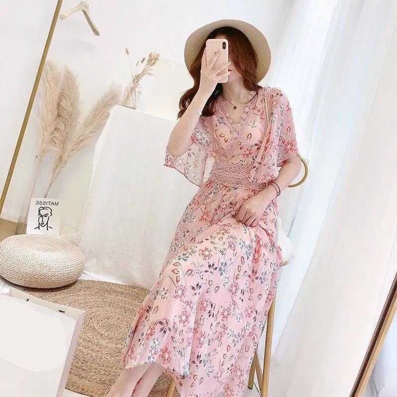 Female Vintage High Waist Super Fairy Holiday Dress Elegant Slim Lace Chiffon Floral Print Pleated Dress