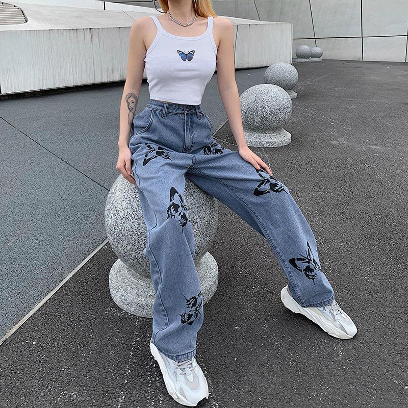 Butterfly Print Straight-leg Jeans Vintage Jeans Loose Streetwear Women's High-waisted Slim and Versatile Drape Loose Mopping Casual Pants