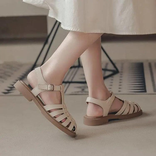 Women's Summer Sandals Flat Shoes Round Toe Hollow Knitted Women's One-line Buckle Shoes Comfortable Thick Heels Temperament Sandals