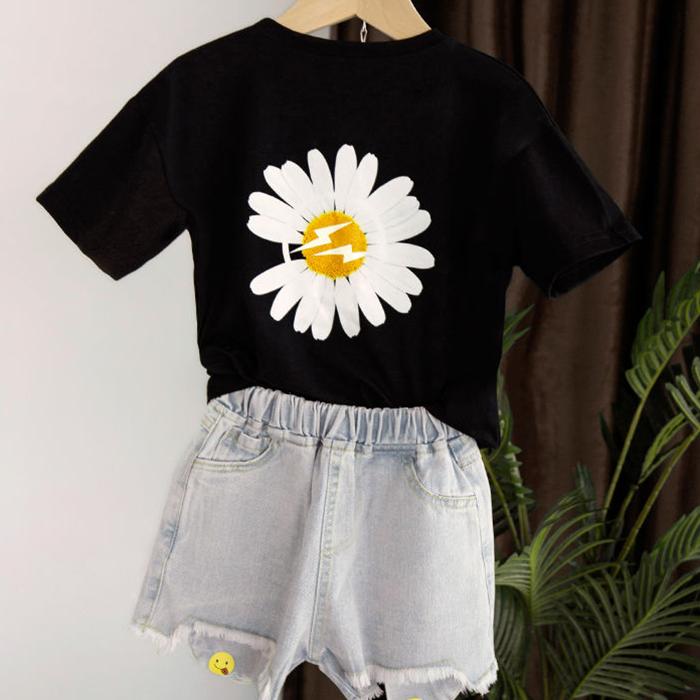 2PCS Children Clothing Set Spring Summer Girls Suits Printing Chrysanthemum Short Sleeve Tops + Pants Clothing Set