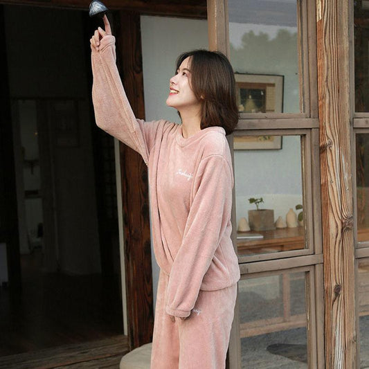 Winter Coral Fleece Women's Pajamas Keep Warm Cute Student Flannel Long Sleeves Can Be Worn Outside Home Clothes